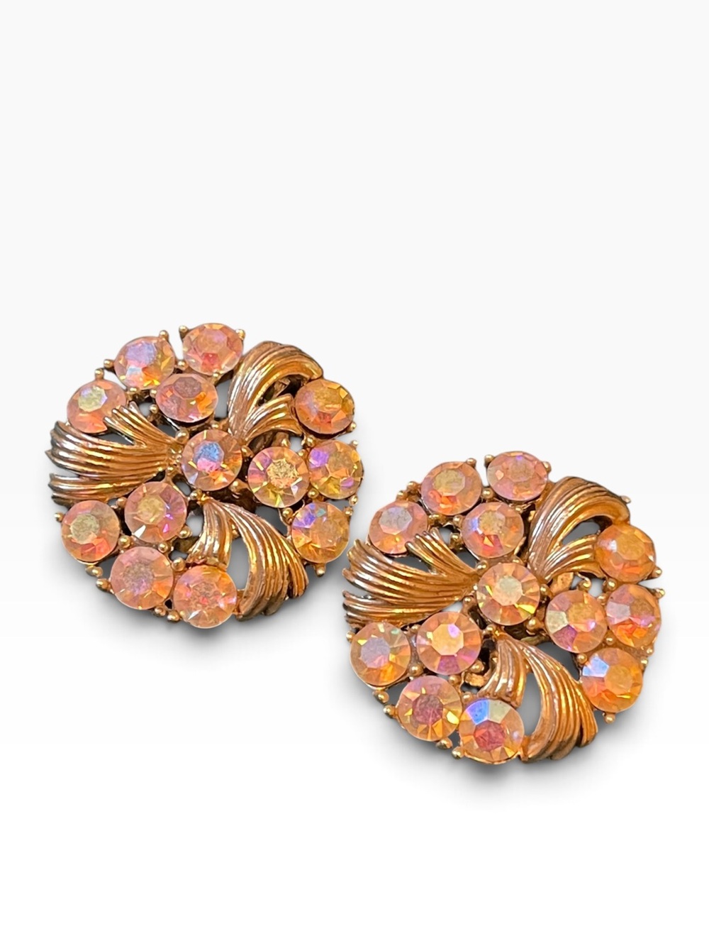 1960’s Lisner Aurora Borealis Rhinestone Gold-Tone Clip On Earrings